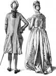 Colonial People: Back View of a Suit & a White Satin Gown