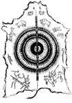 Native American Art: Mandan Robe - The Sun is Presented on a Buffalo Shield wit the Hunting and War Feats Drawn in Ochre
